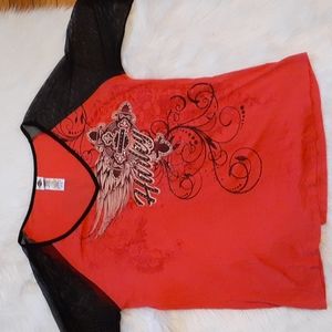 Harley Davidson red top sheer sleeves 2x large blouse. Excellent condition